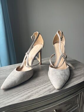 Nine West Light Gray Suede Pointed-Toe Ankle-Strap Heels